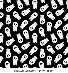 Seamless halloween pattern with cute cartoon flying ghosts. Creepy wallpaper background for october party. Flat design elements. 