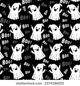 seamless halloween pattern with cute cartoon ghost, boo. Black backdrop. Vector