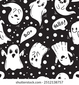 seamless halloween pattern with cute cartoon ghost, boo. Black backdrop. Vector