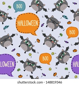 Seamless Halloween pattern with cute flying bats and text bubbles. Vector composition can be used for backgrounds, web sites, wrapping paper, prints, etc.