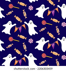 Patrón de Halloween sin foco de fantasmas de dibujos animados graciosos adorables con banderas de Boo y dulces. Truco o trato. Antecedentes espeluznantes para la celebración de Halloween, textiles, papeles pintados, papel de envoltura, reserva de recortes.
