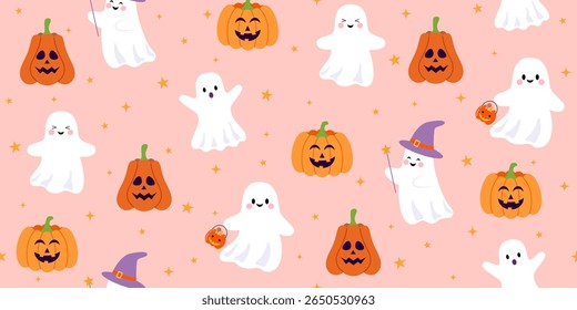 Seamless Halloween pattern. Cute ghost and pumpkin characters on pink background. Vector illustration.