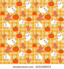 Seamless Halloween pattern with cute ghost cats, pumpkins, and cat silhouettes on a yellow plaid background. Ideal for kids crafts, textiles, party prints, and seasonal designs.