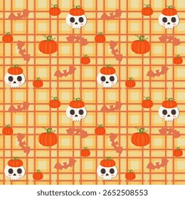 Seamless Halloween pattern with cute ghost cats, pumpkins, and cat silhouettes on a yellow plaid background. Ideal for kids crafts, textiles, party prints, and seasonal designs.