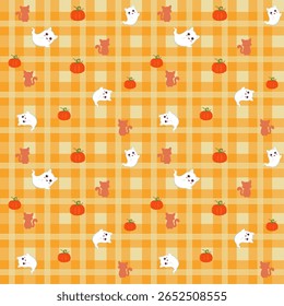 Seamless Halloween pattern with cute ghost cats, pumpkins, and cat silhouettes on a yellow plaid background. Ideal for kids crafts, textiles, party prints, and seasonal designs.