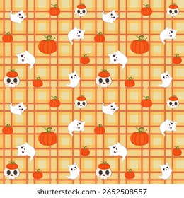 Seamless Halloween pattern with cute ghost cats, pumpkins, and cat silhouettes on a yellow plaid background. Ideal for kids crafts, textiles, party prints, and seasonal designs.