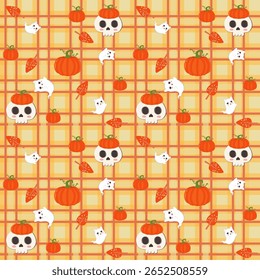 Seamless Halloween pattern with cute ghost cats, pumpkins, and cat silhouettes on a yellow plaid background. Ideal for kids crafts, textiles, party prints, and seasonal designs.
