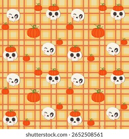 Seamless Halloween pattern with cute ghost cats, pumpkins, and cat silhouettes on a yellow plaid background. Ideal for kids crafts, textiles, party prints, and seasonal designs.