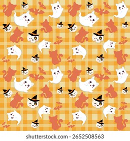 Seamless Halloween pattern with cute ghost cats, pumpkins, and cat silhouettes on a yellow plaid background. Ideal for kids crafts, textiles, party prints, and seasonal designs.