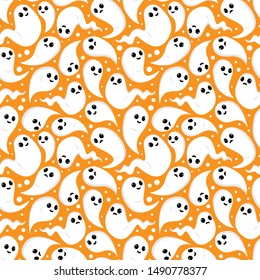 Seamless halloween pattern. Cute ghosts on orange background. Holiday design for greeting card, gift box, fabric, web design.