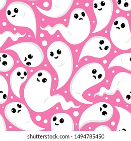 Seamless halloween pattern with cute ghosts on pink background for greeting card, gift box, fabric, web design.