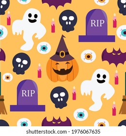 seamless halloween pattern with cute ghosts, hats and pumpkins. Happy Halloween. Vector Illustration.