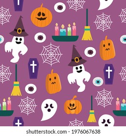 seamless halloween pattern with cute ghosts, hats and pumpkins. Happy Halloween. Vector Illustration.