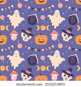 Seamless Halloween pattern with cute ghosts, pumpkins, skulls and flags garlands. Flat style illustration