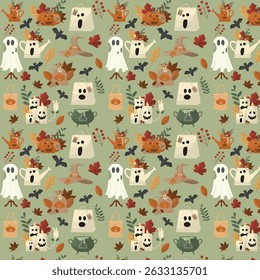 Seamless Halloween pattern with cute ghosts pumpkins autumn leaves and witch elements. Festive repeating background design perfect for wrapping paper textile and seasonal decoration projects. Vector 