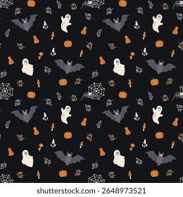 Seamless Halloween pattern with cute ghosts, bats, spiders in webs, pumpkins, mushrooms, and autumn berry branches on a dark background. Perfect for kids' textiles, gift wrap, decor, and more.   kids'