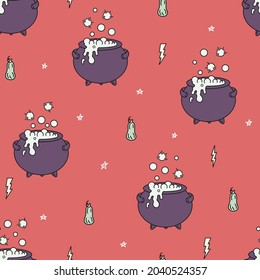 Seamless Halloween pattern with cute hand drawn cauldron, potion, pumpkin and stars. Magic witchcraft texture. Fun vector background for wrapping paper, print, gift, fabric, textile, wallpaper.