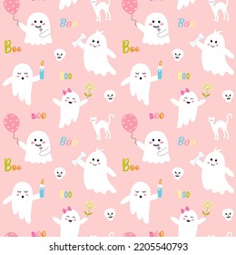 Seamless halloween pattern with cute pink ghosts, boo quote, white cat and skull. Pink childish print for wrapping and textile.