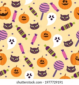 Seamless halloween pattern with cute pumpkin, ghosts, candies and cats. Halloween Vector Illustration. 