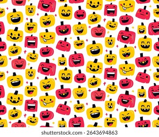 Seamless Halloween Pattern with Cute Pumpkin Faces Flat Style for Kids. Funny Jack-O-Lantern Faces Cartoon Halloween Pumpkins Seamless Background. Flat Vector Illustration