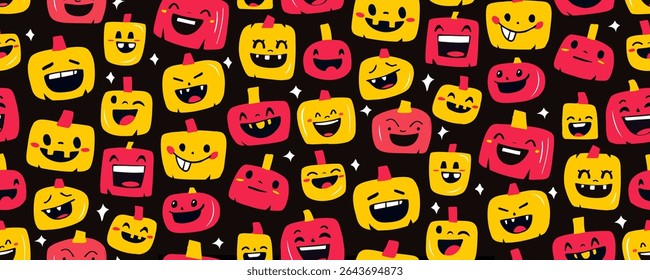 Seamless Halloween Pattern with Cute Pumpkin Faces Flat Style for Kids. Funny Jack-O-Lantern Faces Cartoon Halloween Pumpkins Seamless Background. Flat Vector Illustration