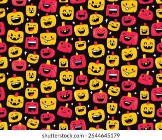 Seamless Halloween Pattern with Cute Pumpkin Faces Flat Style for Kids. Funny Jack-O-Lantern Faces Cartoon Halloween Pumpkins Seamless Background. Flat Vector Illustration