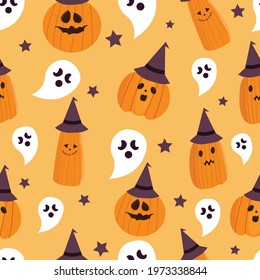 Seamless Halloween pattern with cute pumpkins and ghosts.  Vector Illustration