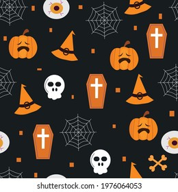 Seamless halloween pattern with cute pumpkins and skull. Halloween vector illustration.