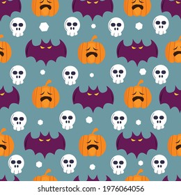 Seamless halloween pattern with cute pumpkins and skull. Halloween vector illustration.