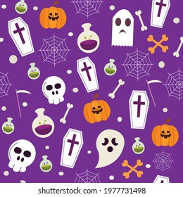 Seamless halloween pattern with cute pumpkins, ghosts, skull, bones and spider web. Halloween background. Vector Illustration. 