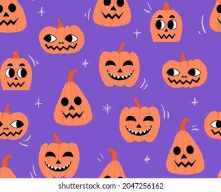 Seamless halloween pattern with cute pumpkins. Purple background