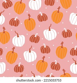 seamless halloween pattern. cute pumpkins and white dots . pink background. vector texture. fashionable print for textiles, wallpaper and packaging.