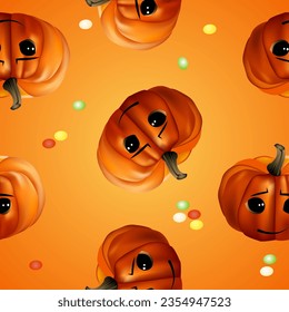 Seamless Halloween pattern . Cute pumpkins on orange background and sweets
