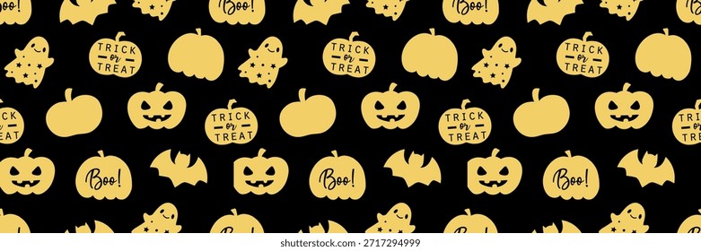 Patrón de Halloween sin fisuras con lindas calabazas y murciélagos espeluznantes. Fondo de otoño perfecto para diseños festivos, con fantasmas de dibujos animados y linternas en tonos naranjas.