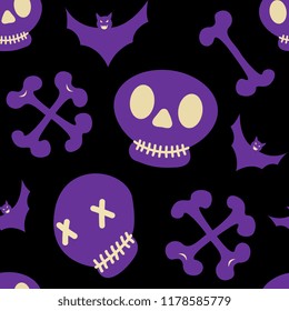 Seamless halloween pattern with cute purple skull and bat isolated on black background. Vector illustration for baby and kids.