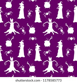 Seamless halloween pattern with cute silhouette witch, spider, and tree. Vector illustration for baby and kids.