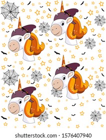 Seamless halloween pattern with cute smiling unicorn with witch hat, bats, spiderwebs and stars over white background. Halloween theme