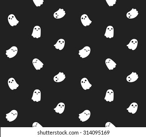 Seamless Halloween pattern of cute tiny ghosts on black background.