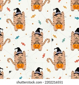 Seamless halloween pattern with cute trick-or-treating cats in witch hats holding pumpkin bucket in their paws