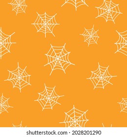 Seamless halloween pattern. cute white cobwebs on 
 orange background. vector texture. trend print for postcards and textiles, wallpaper.