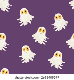 Patrón de Halloween sin fisuras con lindos fantasmas blancos sobre fondo púrpura