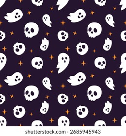 Seamless Halloween pattern with cute white ghosts, skulls, and orange stars on dark background. Designed for textile, wallpaper, wrapping paper, party decoration, and holiday design.