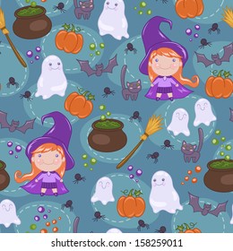 Seamless Halloween pattern with cute witch, cat, ghosts, bats, spiders and pumpkins. Vector illustration