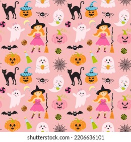 Seamless halloween pattern with cute witch, pink ghosts, bat, web, scary pumpkins, cat, candies and poison. 