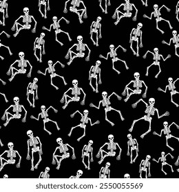 Seamless Halloween pattern of dancing skeletons on a dark background. Ideal for spooky decor, digital designs, party crafts, textiles, and festive celebrations with a playful, eerie theme.