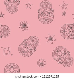 Seamless halloween pattern to decorate backgrounds, invitations, gift wrap, etc. Skull vector with decorative star and flower elements on soft pink background. Colors can be modified in few clicks. 