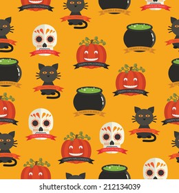 seamless halloween pattern decoration with pumpkins, skulls, cauldrons and black cats, with clipping path