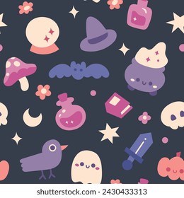 Seamless Halloween Pattern Design. Cute halloween elements in flat style.