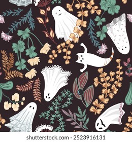 Seamless Halloween Pattern Design. Cute ghosts in garden flowers and grass. Vector illustration.