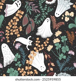 Seamless Halloween Pattern Design. Cute ghosts in garden flowers and grass. Vector illustration.